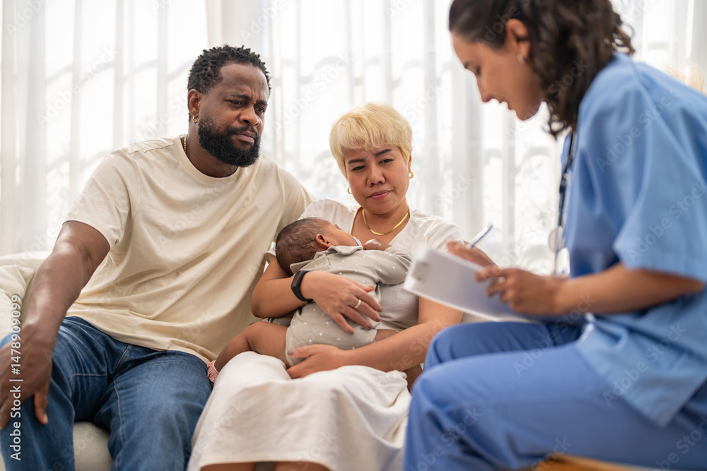 Obraz premium African baby health checkup with doctor pediatrician explaining results to parents, asian mother and african father, family healthcare consultation, childhood health, hospital service, insurance plan