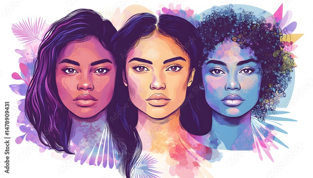 Obraz premium Three women's faces, depicted in a vibrant, digital art style.