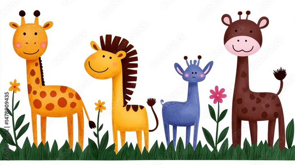 Four Cartoon Animals In Grassy Area With Flowers Four Cartoon Animals In Grassy Area With Flowers