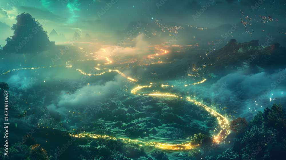Fototapeta premium A dreamy landscape with glowing streams winding through misty mountains and a celestial sky above it all