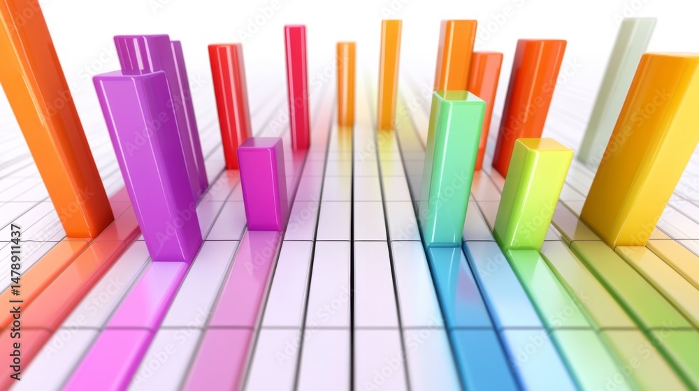 Obraz premium Abstract D graph with bars and lines emerging from a grid, each section in bright, contrasting colors to illustrate data clearly