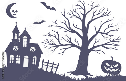 Spooky Halloween Scene with Haunted House, Witch, Bats, and Full Moon
