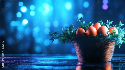 A decorative basket holds vibrant orange eggs surrounded by greenery, illuminated by shimmering blue lights in a festive setting