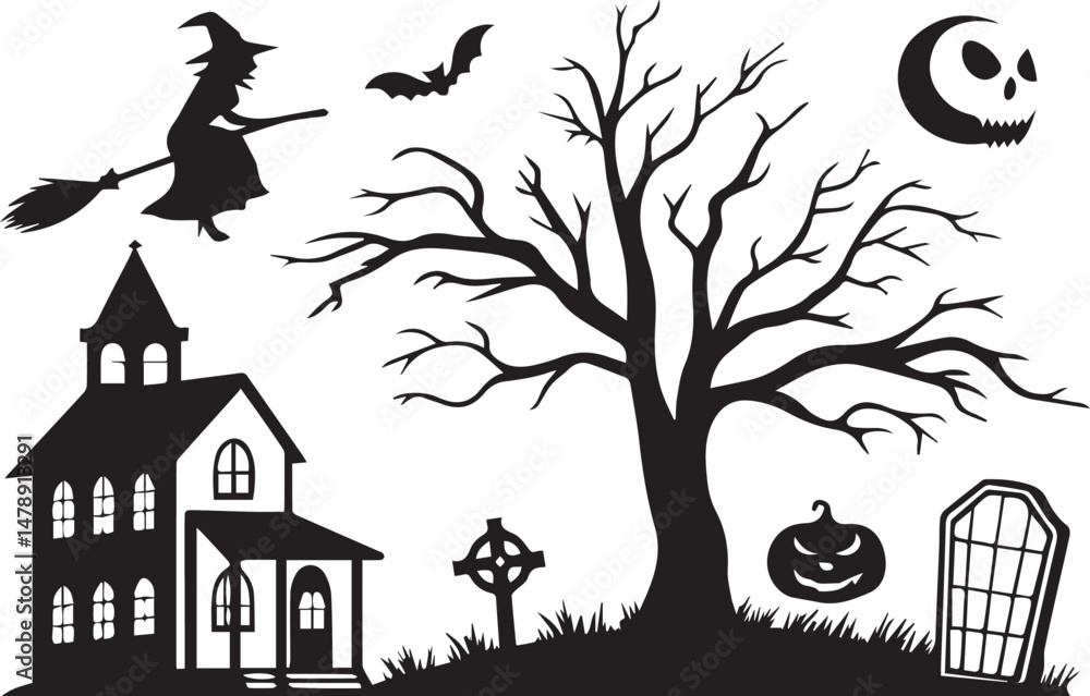 Spooky Halloween Scene with Haunted House, Witch, Bats, and Full Moon
Spooky Halloween Scene with Haunted House, Witch, Bats, and Full Moon
