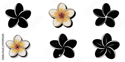 White Frangipani Dark Silhouette Shapes Vector Set, Set of black silhouettes of Frangipani, Silhouettes of frangipani flowers with leaves on white background, Funky bold rounded retro flowers.