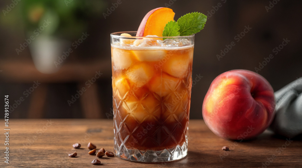 Fototapeta premium A glass of iced americano black coffee and layer of peach juice decorated
