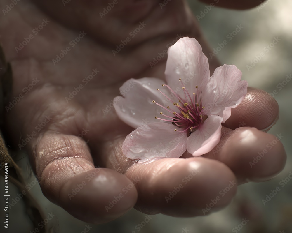 Hand holding pink blossom flower close up Hand holding pink blossom flower close up