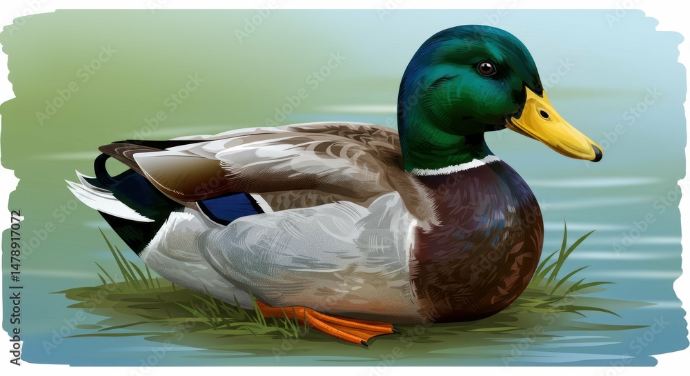 Obraz premium Illustration of mallard duck on grass, in pond.