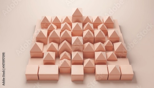 Abstract arrangement of minimalistic pink house-like structures in a patterned layout evoking urban development concepts
