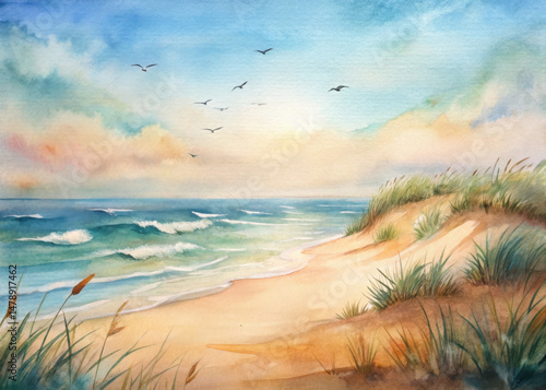 Wallpaper Mural Watercolor beach painting of ocean waves sand dunes and birds flying art print, illustration Torontodigital.ca