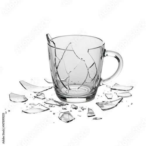 A glass mug is broken into many pieces and shards scattered around the cup on a black background