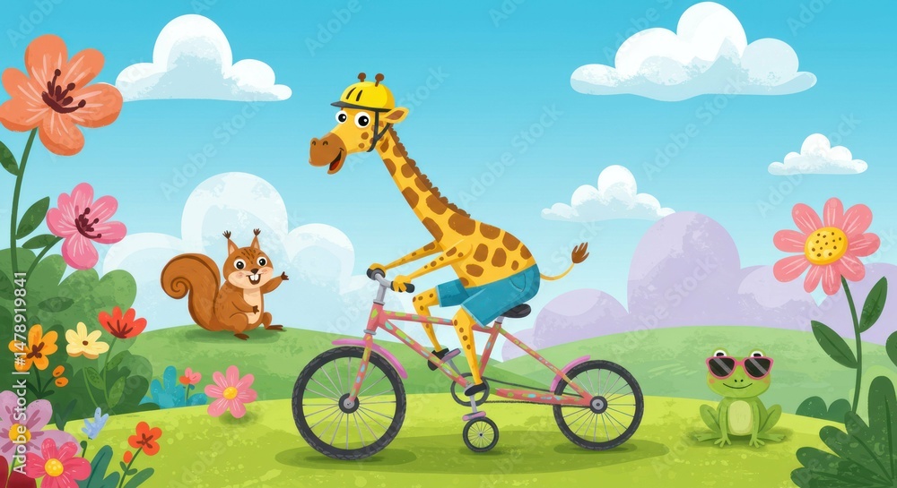 Obraz premium Giraffe on bike, squirrel and frog in a sunny field.