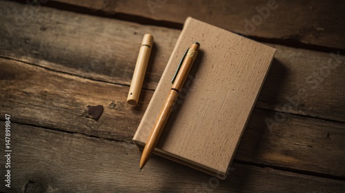 Rustic Still Life: Wooden Pen and Notebook on Weathered Wood