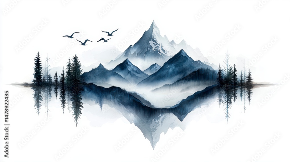 Fototapeta premium Serene Mountain Landscape with Reflection in Calm Waters under Soft Gray Sky