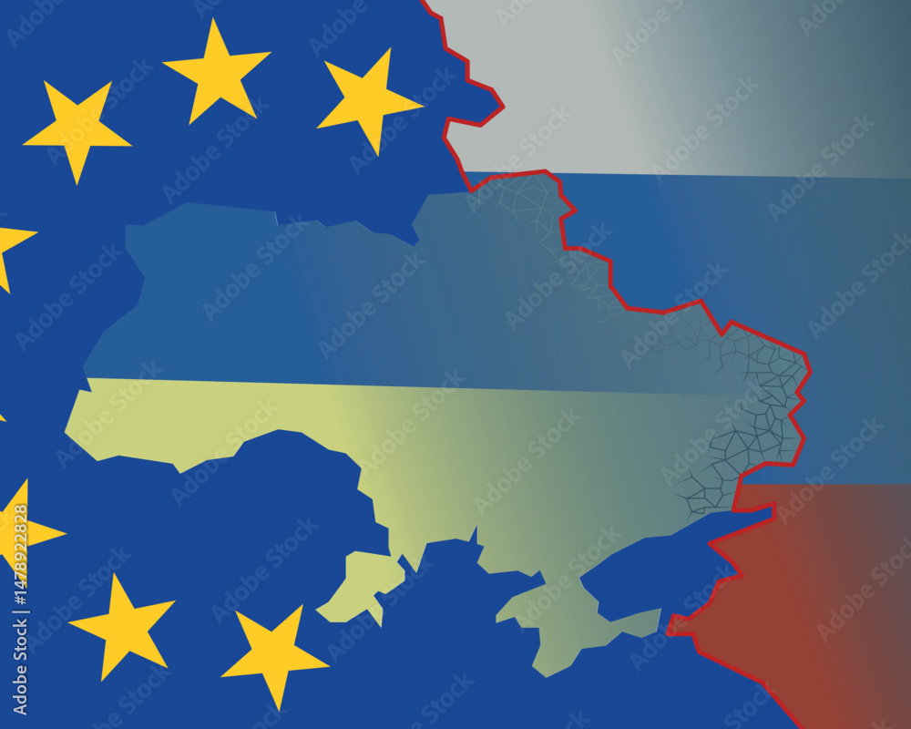 Obraz premium Map of Ukraine and Russia in the context of war. Painted in the colors of the flags of the countries. The flag of the European Union and support. Vector illustration