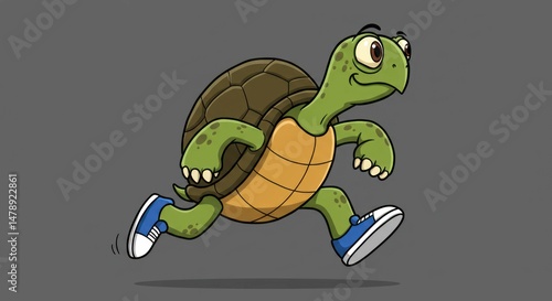 Cartoon illustration of a running turtle with sneakers.
