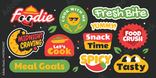 Food stickers collection. Y2k style design Gen z and millenials caption for video editing or social media