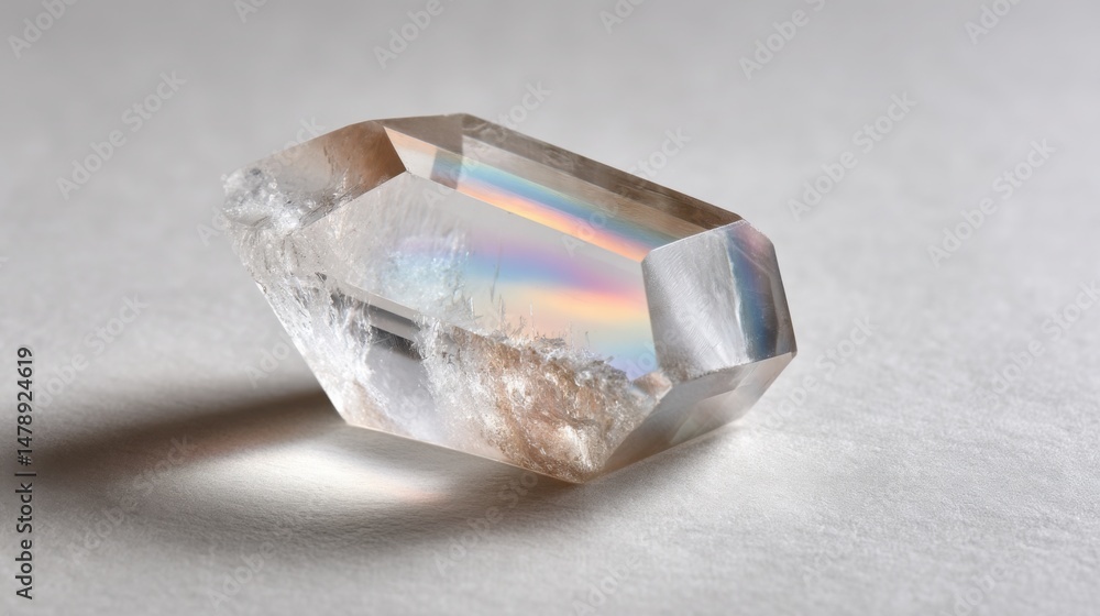 Macro close-up of a clear quartz crystal with rainbow inclusions and textured surface, resting flat on seamless white background Macro close-up of a clear quartz crystal with rainbow inclusions and textured surface, resting flat on seamless white background