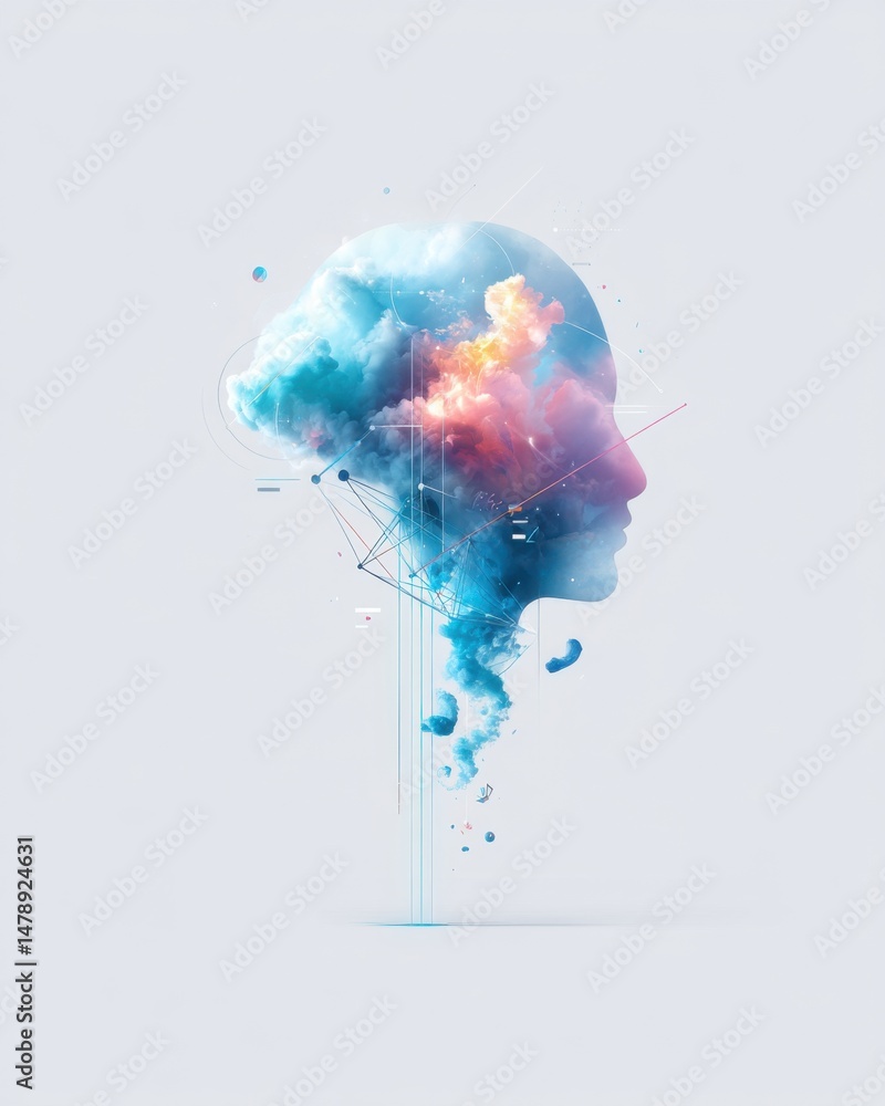 Obraz premium Abstract Mind Concept: Colorful Cloud Head with Data Lines and Pastel Background