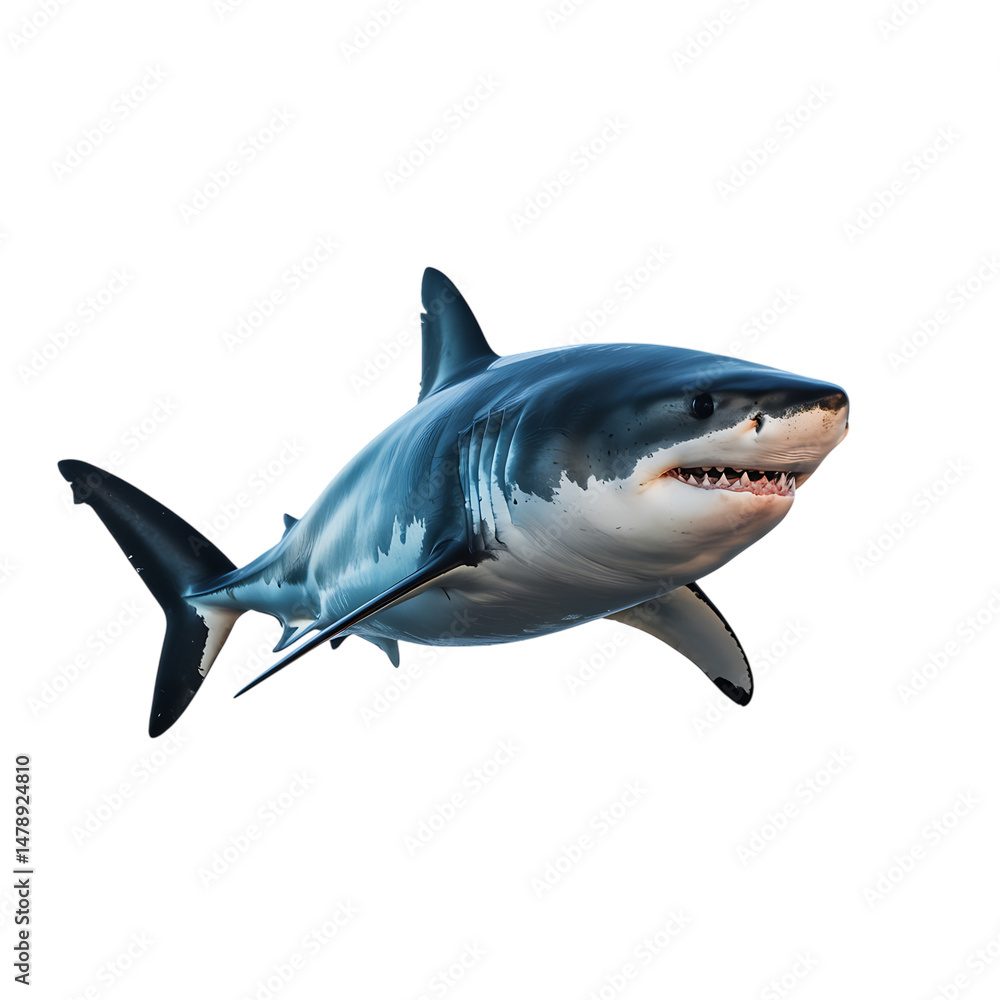 Fototapeta premium A realistic great white shark isolated on a pure white background in swimming pose