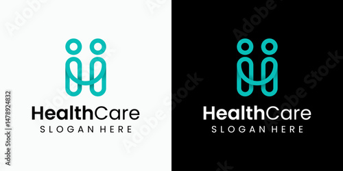 Vector logo design of two people shaking hands in modern, simple, clean and abstract style. Icon for business, health care, coaching and personal branding.