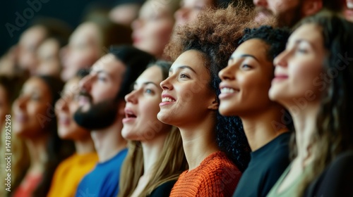 A dynamic view of a diverse choir standing in formation, their faces filled with emotion as they perform a lively piece, showcasing the joy of music