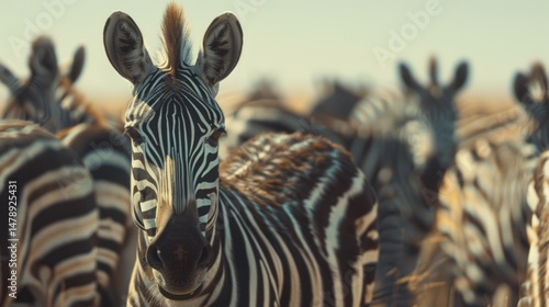 Zebra herd in savanna, close-up on one zebra.  Distinctive black and white stripes, blurred background of more zebras.  African wildlife