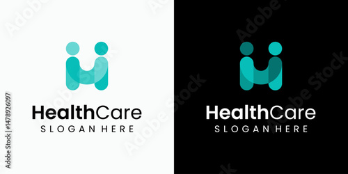 Vector logo design of two people shaking hands in modern, simple, clean and abstract style. Icon for business, health care, coaching and personal branding.