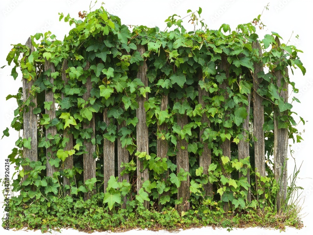 Obraz premium Rustic wooden fence covered in vibrant green ivy vines in an outdoor setting on a bright day full frame