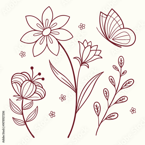 Set of floral icons in outline style, featuring decorative abstract flower designs for use in digital art, crafts, patterns, logos