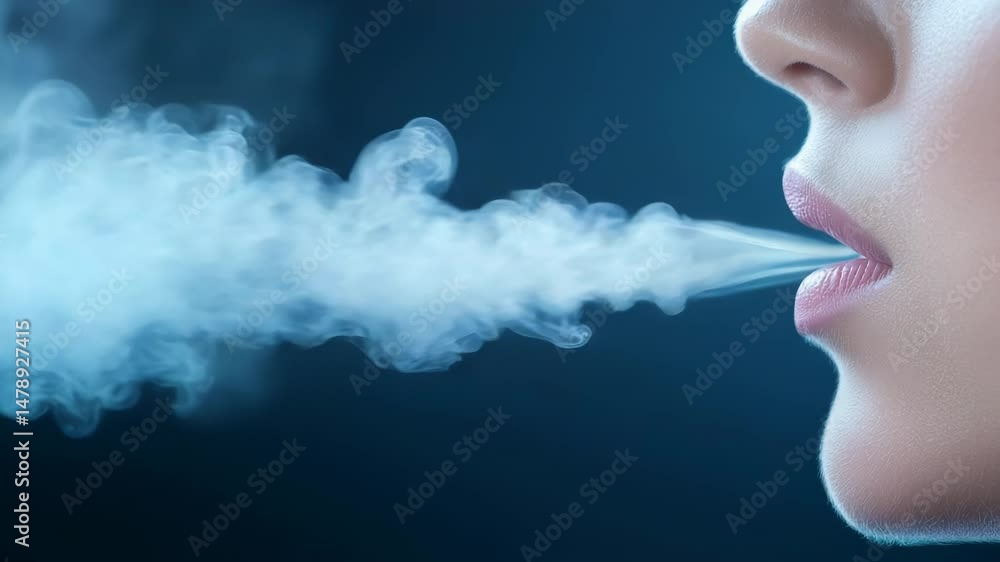 Close-Up of Woman Exhaling Vapor Creating Misty Atmosphere with Bluish Background Close-Up of Woman Exhaling Vapor Creating Misty Atmosphere with Bluish Background