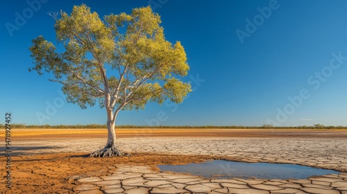 Fototapeta Naklejka Na Ścianę i Meble -  A lone tree in a dried-up lake bed, surrounded by cracked, barren earth under an intense blue sky, showing the effects of prolonged drought