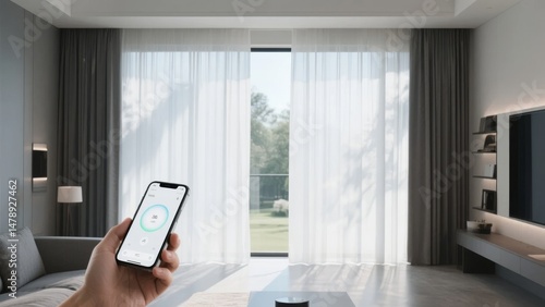 Hand holding a smartphone controlling smart home curtains in a modern living room