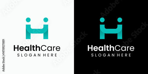 Vector logo design of two people shaking hands in modern, simple, clean and abstract style. Icon for business, health care, coaching and personal branding.