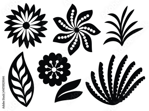 Set of floral icons in outline style, featuring decorative abstract flower designs for use in digital art, crafts, patterns, logos