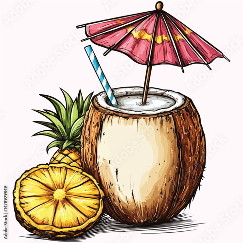 Tropical Drink in a Coconut, Pineapple with Umbrella
