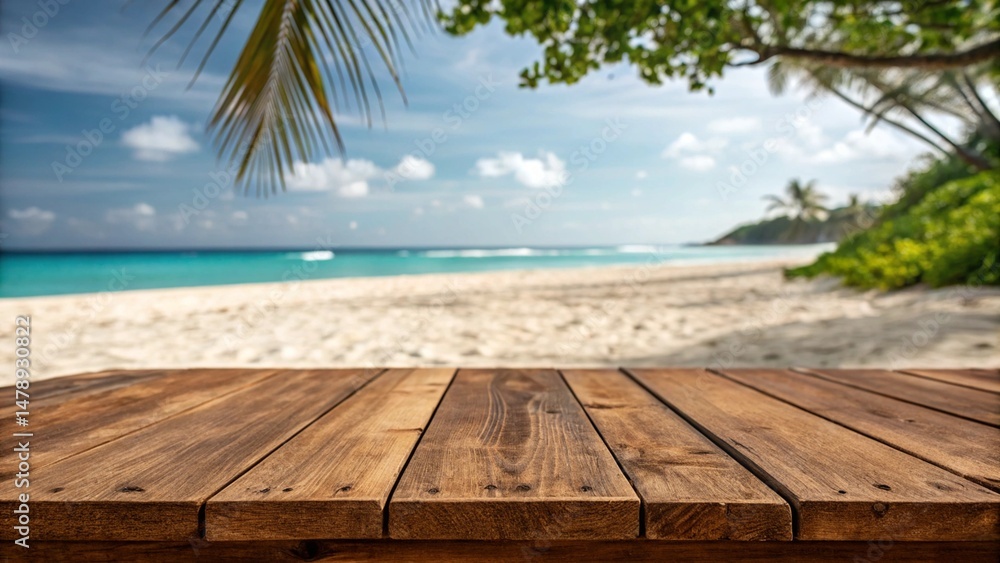 Fototapeta premium Wooden floor or plank on sand beach in summer. For product display. Calm Sea and Blue Sky Background.