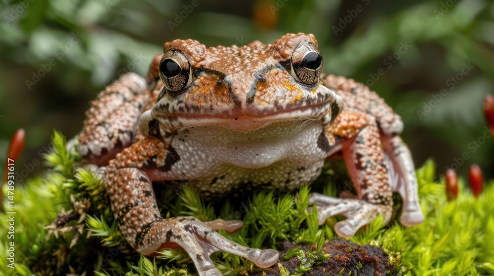 Fototapeta premium Close-up of a frog, vibrant reddish-brown and cream coloration, sitting atop a bed of moss, detailed skin texture visible