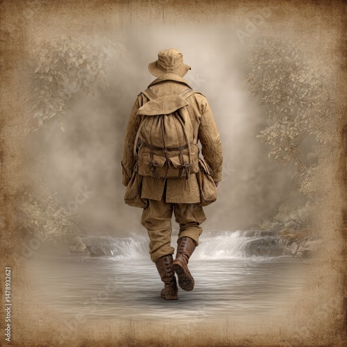 Solitary Traveler Walking by Stream in Muted Earth Tones