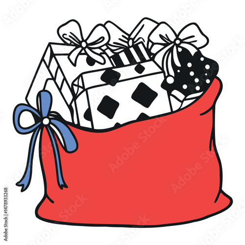 Vector illustration in doodle style of a bag with gifts