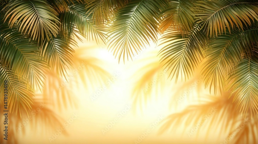 Fototapeta premium Tropical Paradise Sunset Palm Tree Leaves Background