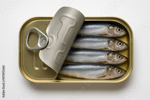 Opened tin of sardines on a white background