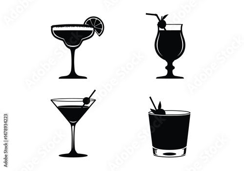 Cocktails silhouette. Image shows four cocktail silhouettes in different glasses like martini, margarita, and tumbler. Vector clipart illustration design.