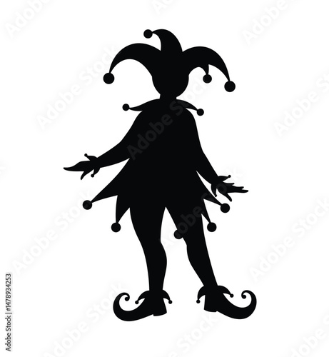 Jester silhouette. Image shows a black silhouette of a jester with a hat, bells, and curly shoes. Vector clipart illustration design.