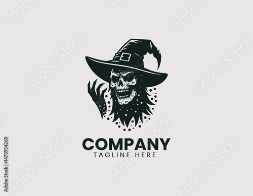 Scary Evil Witch Figure with Warts Pointed Hat Staff Vector Logo Design, Creepy Wicked Witch Warts Pointed Hat Wand Vector Logo