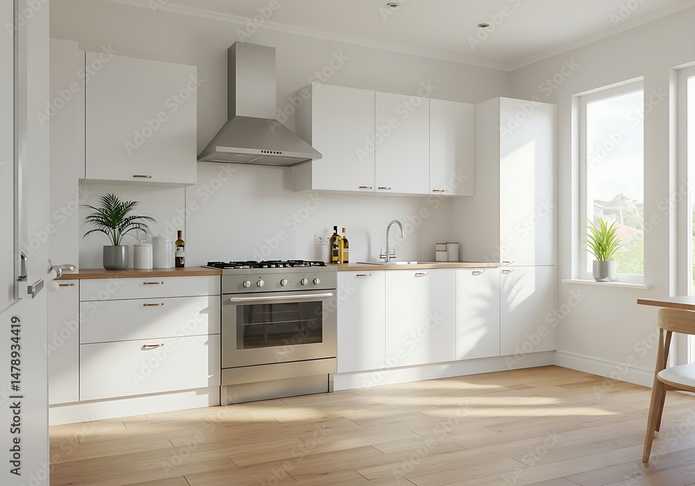 Fototapeta premium A clean and modern kitchen design is presented with white cabinetry, light wooden countertops and flooring, stainless steel appliances, and abundant natural light.