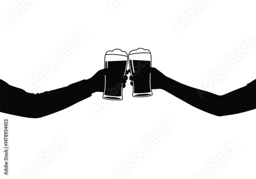 Beer cheers silhouette. This image shows two hands holding beer glasses and clinking them together in a celebratory toast. Vector clipart illustration design.