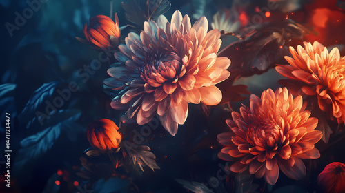 Softly glowing chrysanthemums illuminate the fading light, foliage, chrysanthemum, autumn leaves. [Phantom Botanica] | Flicker Bloom | fading blossom. Illustration