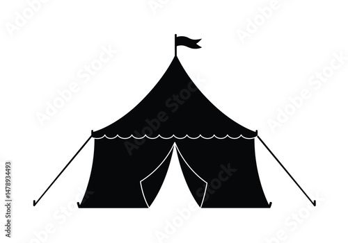 Circus tent silhouette. Image shows a black silhouette of a circus tent with a flag on top. Vector clipart illustration design.