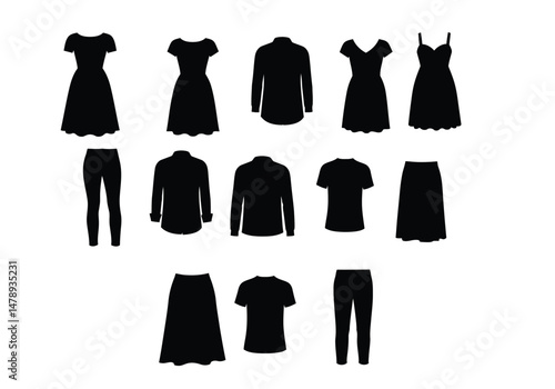 Clothes silhouette. This image depicts the black silhouette of various garments, showcasing fashion, textile design, and apparel styling. Vector clipart illustration design.
